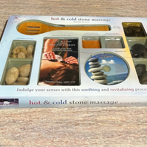 NIB Hot & Cold stone massage book and kit with CD, wooden Spoon, book and more - Picture 11 of 16